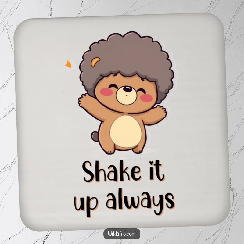 Funny coaster featuring a playful bear character shaking its head, its afro bouncing with style. Protects surfaces.
