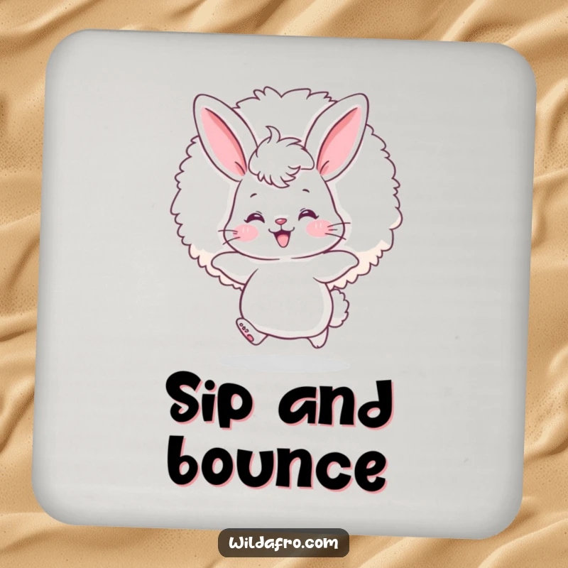 Funny bunny afro drink coasters showing a fluffy bunny with rosy cheeks happily bouncing with a giant afro puff.