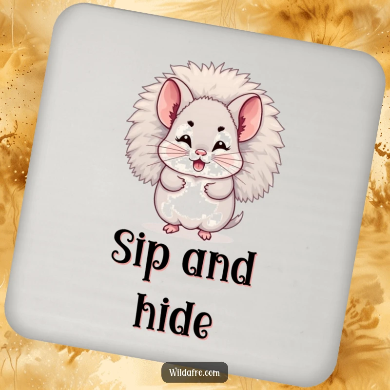 Funny coaster featuring a giggling chinchilla character hiding within its fluffy afro. Protects surfaces with cuteness.
