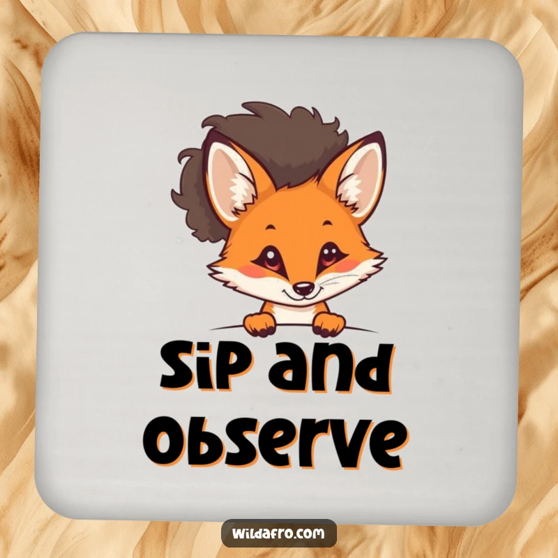 Funny curious fox with a stylish afro peeking out on a coaster, exuding slyness and cool, a stylish funny gift.