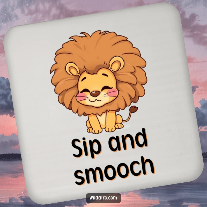 Funny lion drink coaster, a happy lion with a voluminous afro blowing a kiss, adding retro fun.