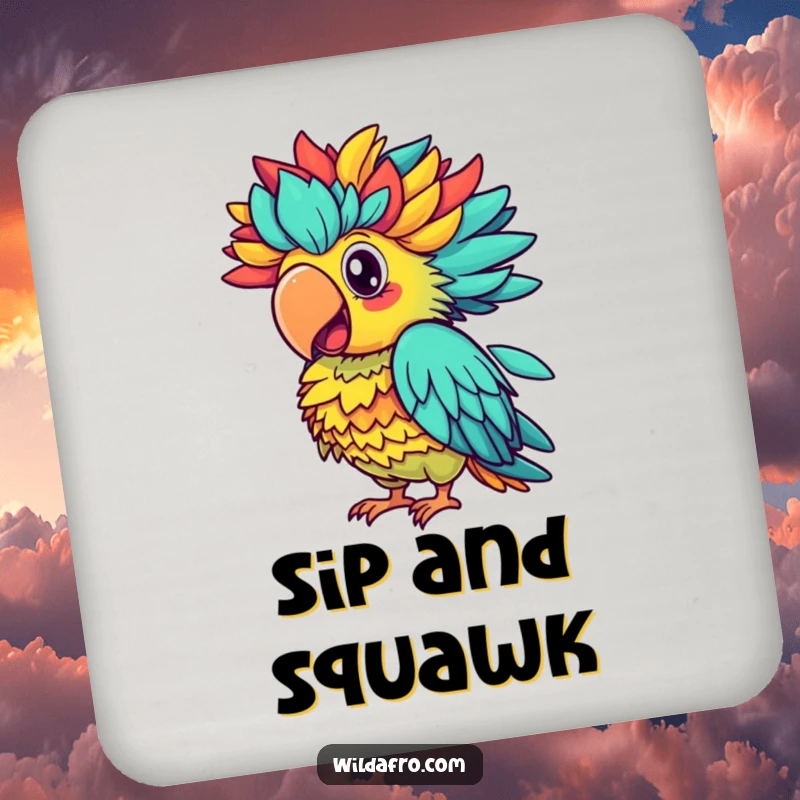 Funny parrot drink coaster, a proud parrot with a vibrant afro squawking colorfully, adding tropical fun.