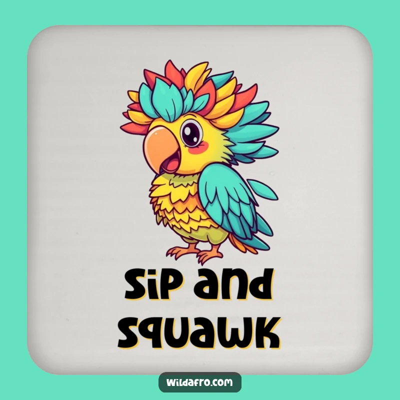 Funny Parrot Afro Squawk Coaster, Colorful Drink Art, Hilarious Home Bar Gift