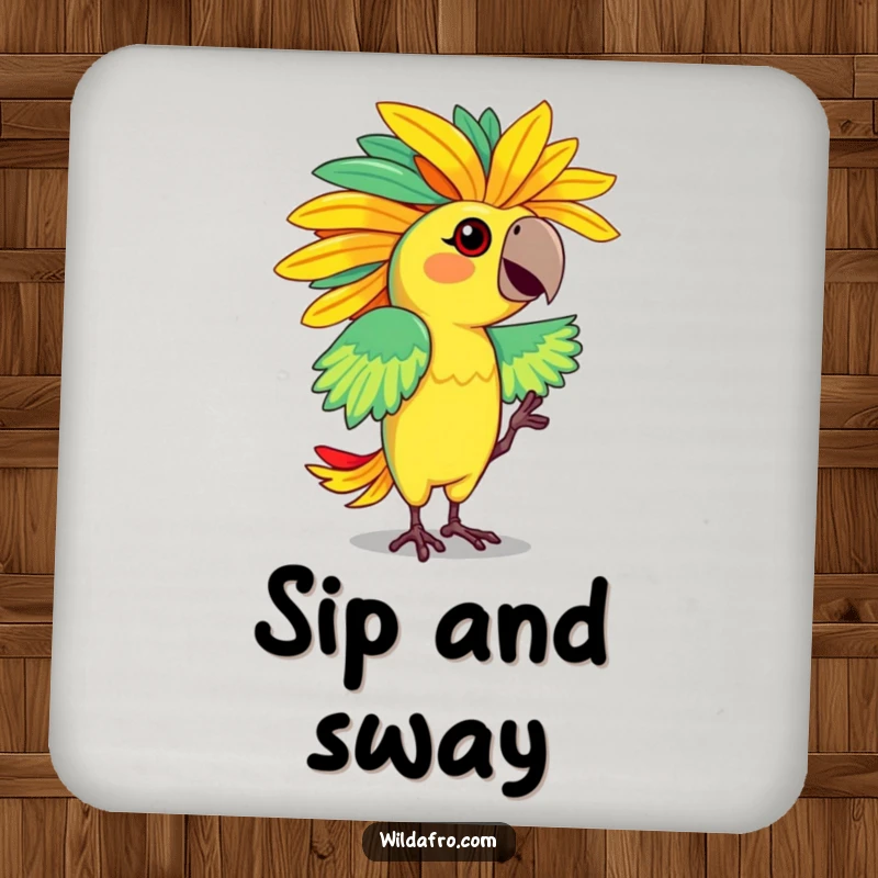 Funny coaster featuring a dancing parrot character flaunting a vibrant, feathered afro. Protects surfaces with style.