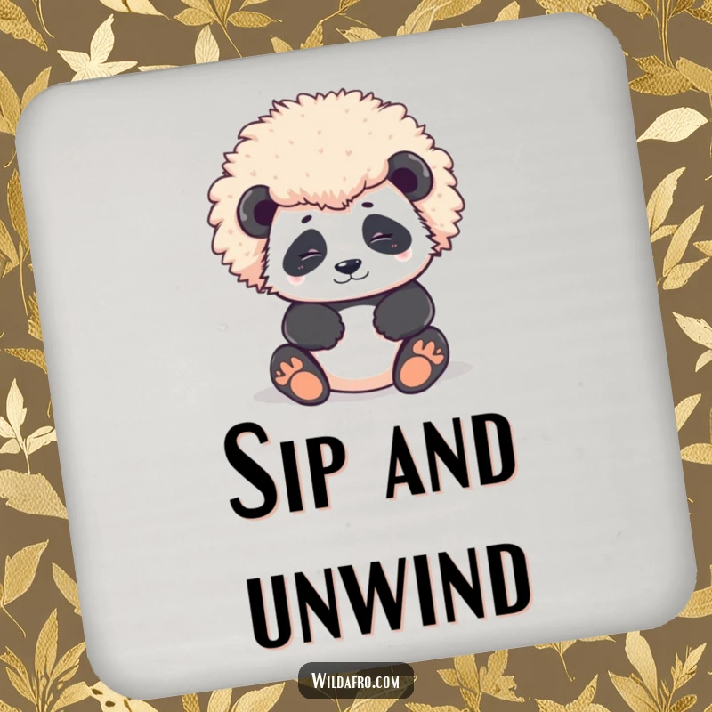 Funny Drink Coasters featuring a contented panda character's large, round afro, offering charming protection with a serene and majestic feel.