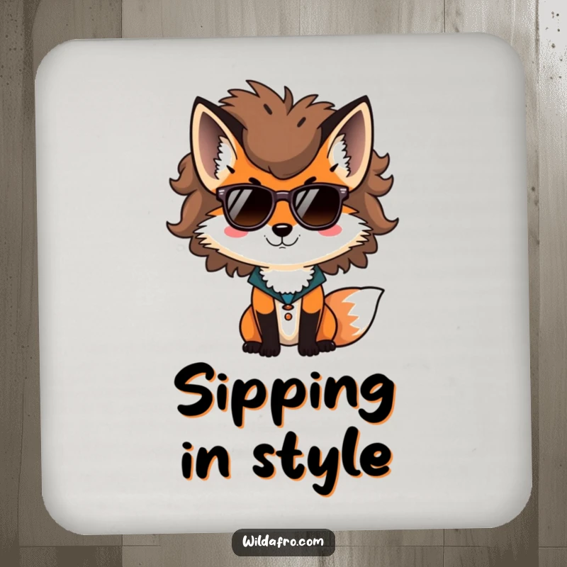 Funny fox drink coaster, a stylish fox with a voluminous afro and sunglasses, adding cool flair.