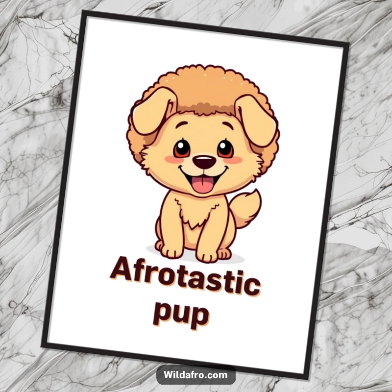 Funny Dog Afro Poster: A happy dog character with a shimmering afro is captured mid-tail wag, beaming.