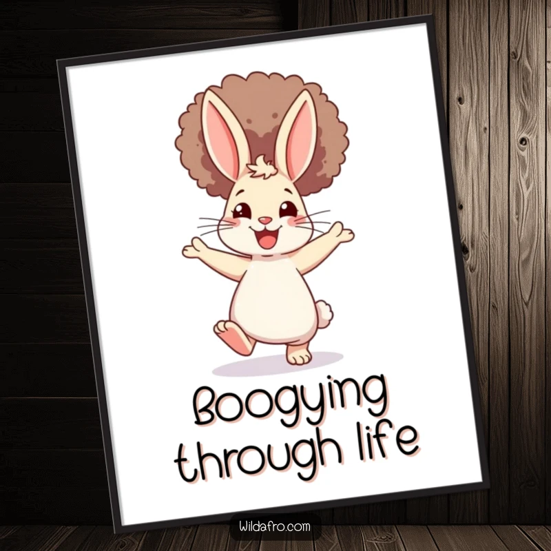 Funny Rabbit Afro Poster: A vibrant illustration of a happy bunny with a huge afro, dancing with ecstatic joy, great for humorous wall decor.