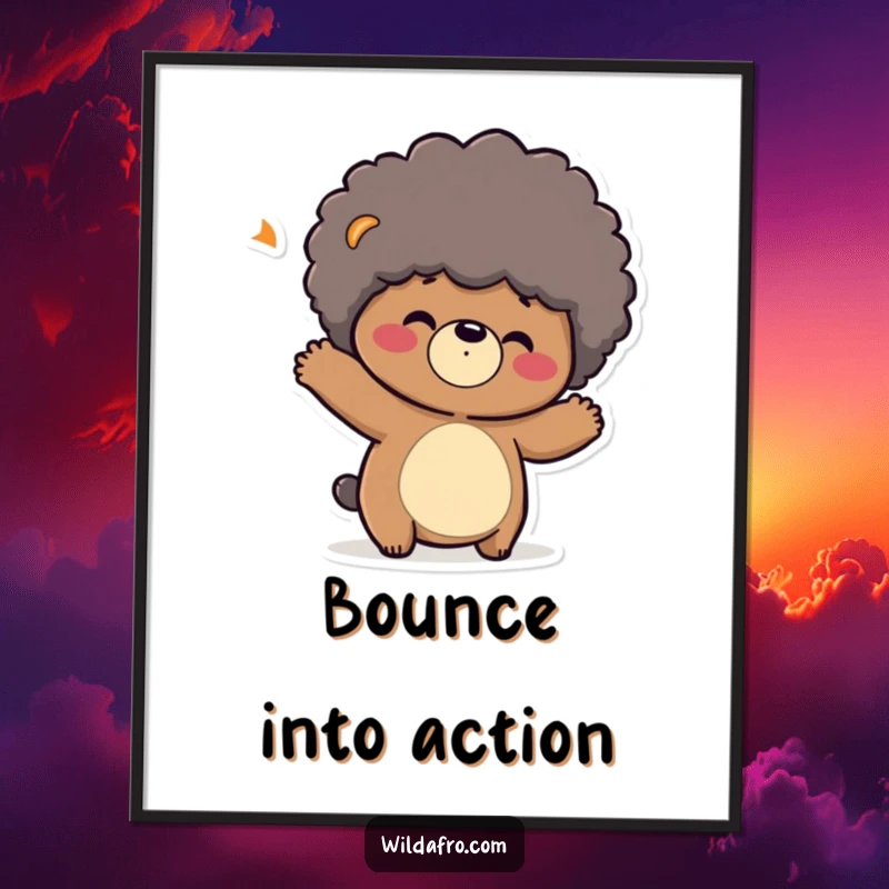 Funny poster print of a playful bear character shaking its head, its afro bouncing with energy. Humorous wall art.