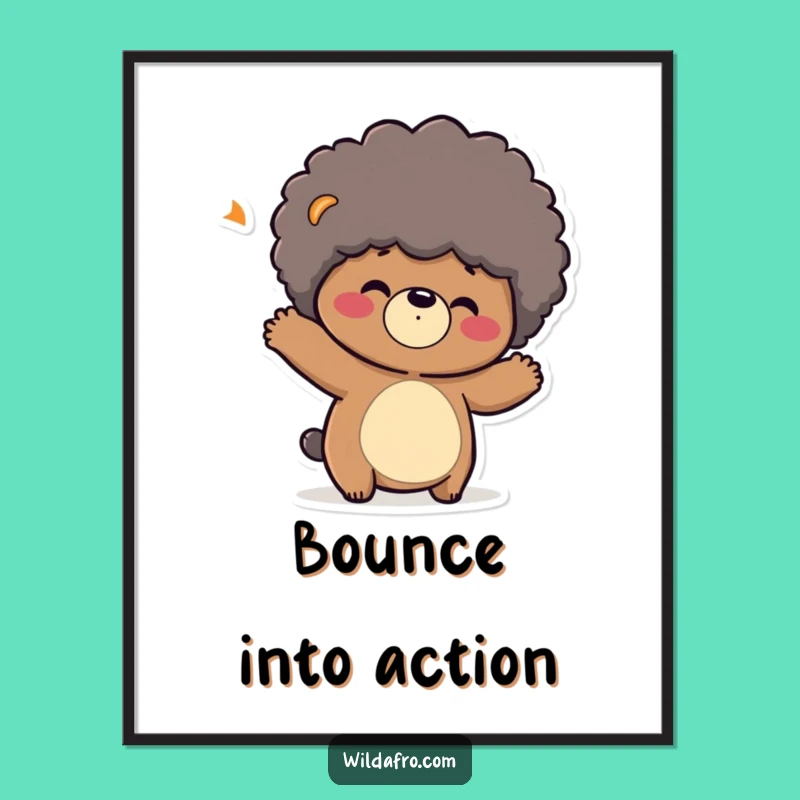 Funny Bear Afro Poster: Playful Character Bouncing Afro for a Hilarious Gift