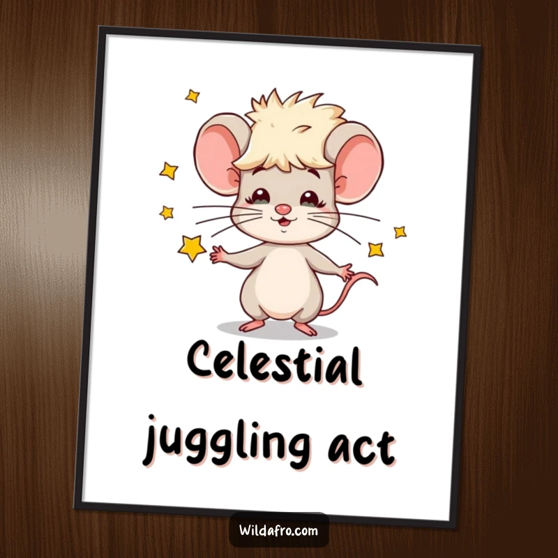 Funny poster of a cute mouse character with a large afro, playfully juggling tiny celestial stars against a vibrant backdrop.