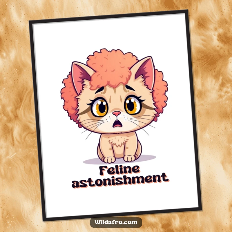Funny surprised cat with a vibrant afro, looking shocked, as wall art. A dramatic funny gift.