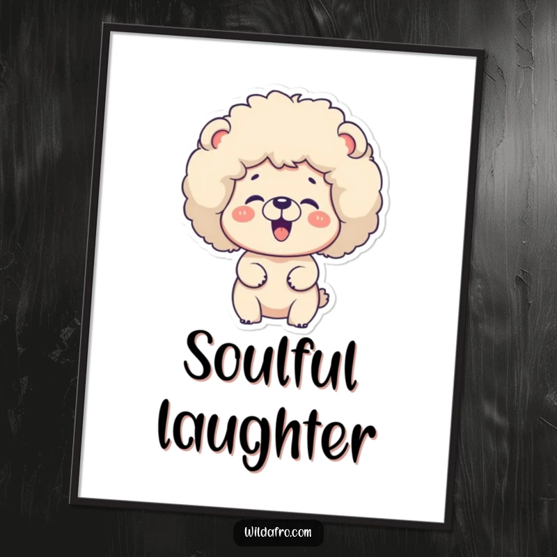 Funny bear with a large afro giggling, presented as wall art. A cheerful and funny gift.