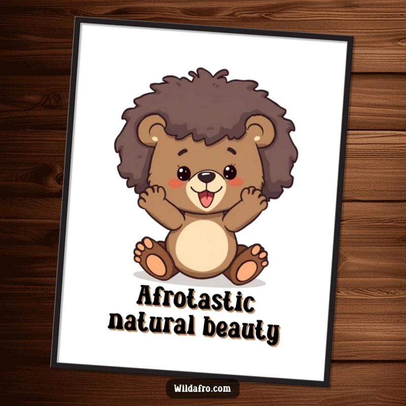 Funny bear cub with an impressively wild afro striking a dynamic pose on a vibrant poster, full of personality.