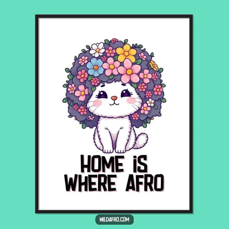 Funny Cat Afro Flower Poster: Fluffy Character Art with Blooming Floral Whimsy