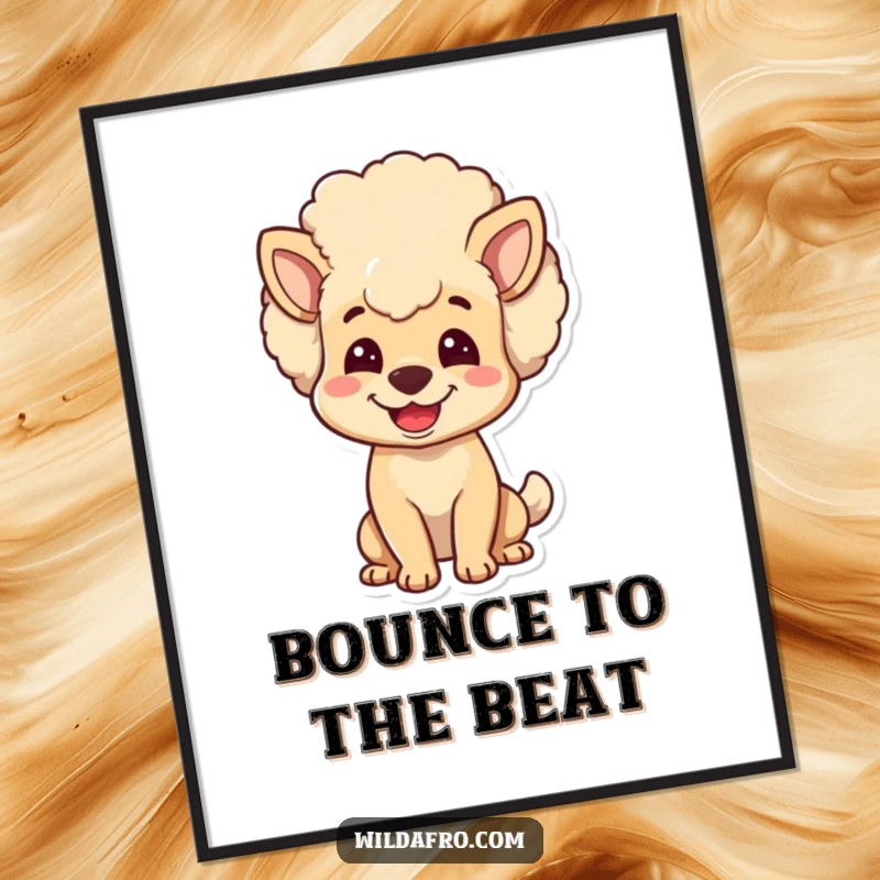 Funny dog poster of a joyful character with a large, bouncy afro head. Whimsical wall art for dog enthusiasts and humor lovers.