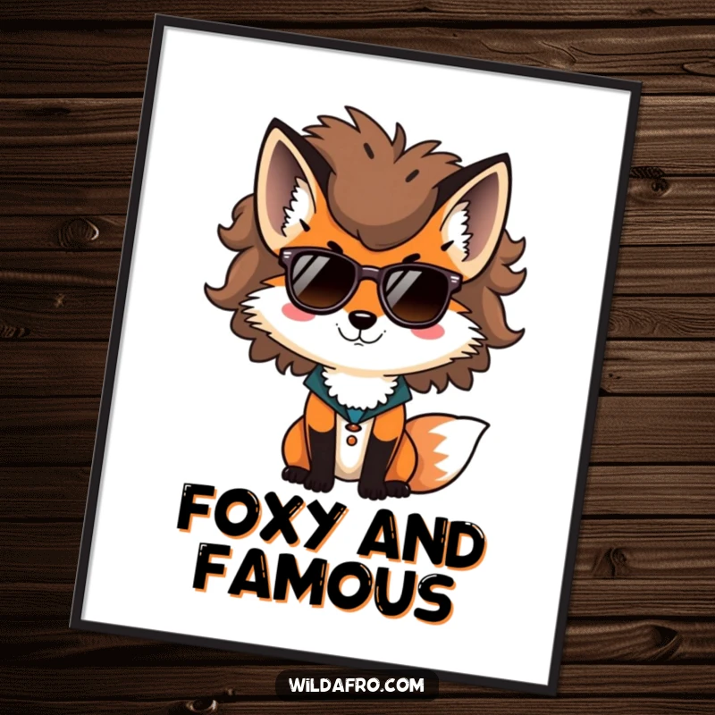 Funny fox poster, a stylish fox with a huge afro and sunglasses, exuding coolness and artistic flair.