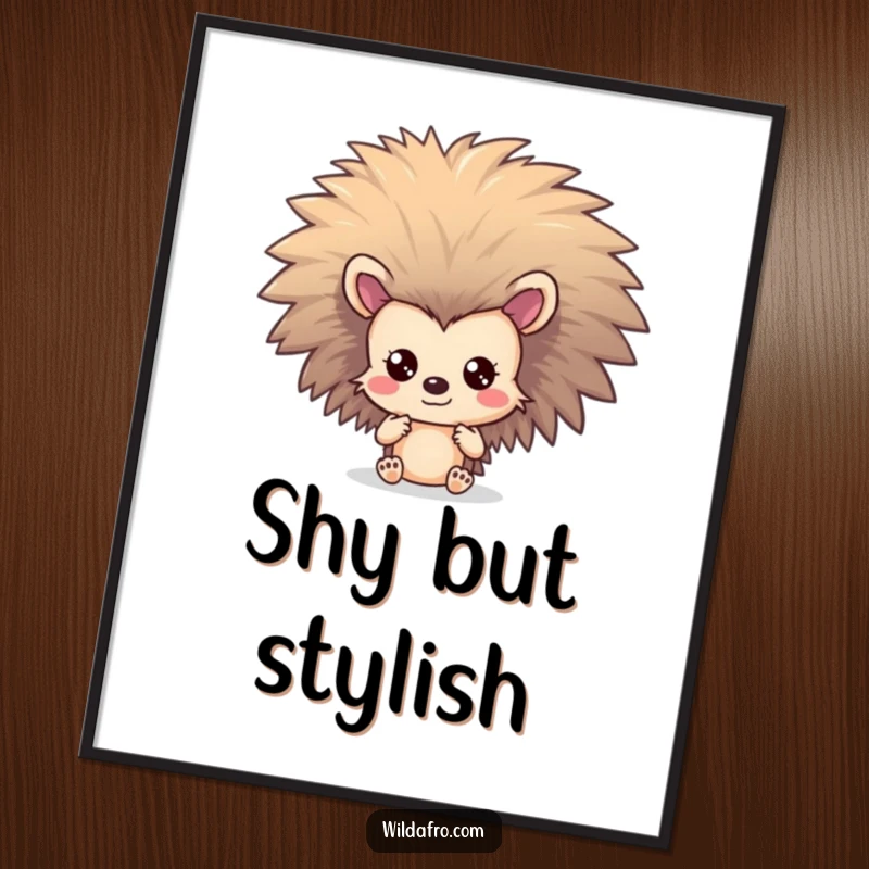 Funny Hedgehog Afro Poster: A shy hedgehog character peeks from behind a spectacular, large afro.