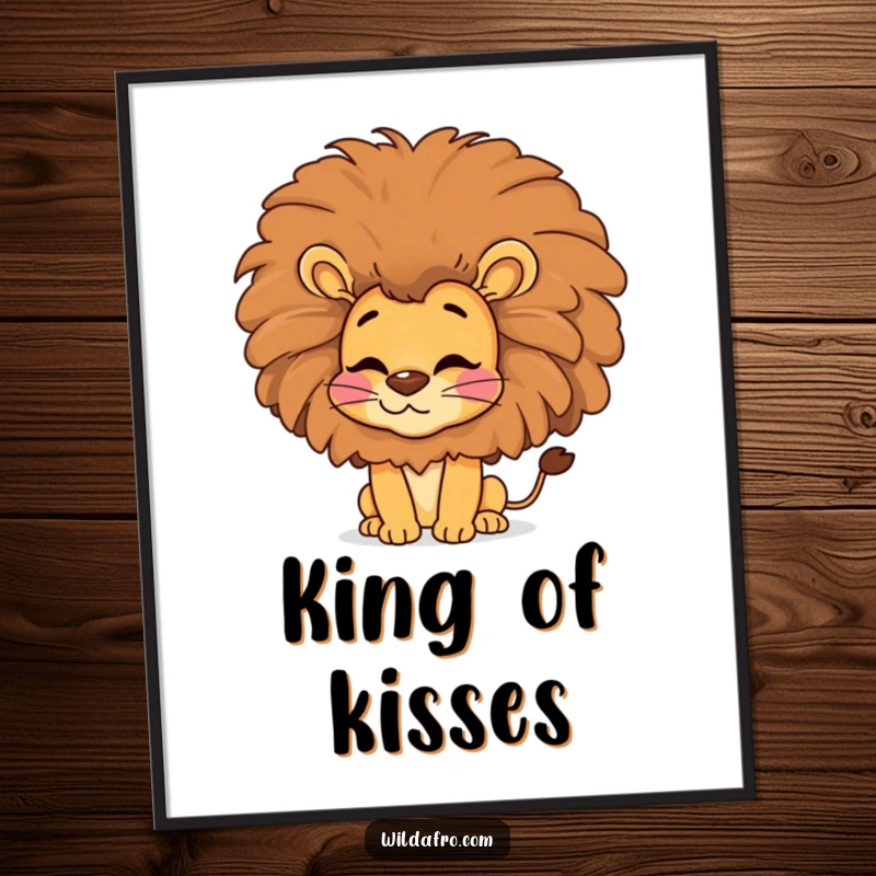 Funny lion poster, a happy lion with a huge afro blowing a kiss, vibrant and humorous wall art.