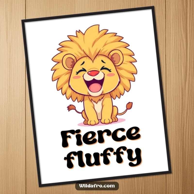 Funny lion cub poster, happy with a magnificent afro, playfully roaring with infectious joy and character. A perfect funny gift.