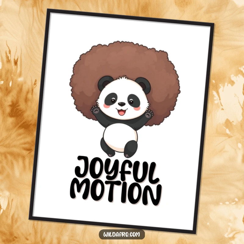 Funny smiling panda rolling in a large afro, featured as wall art, adding cheerful humor and personality to any room.