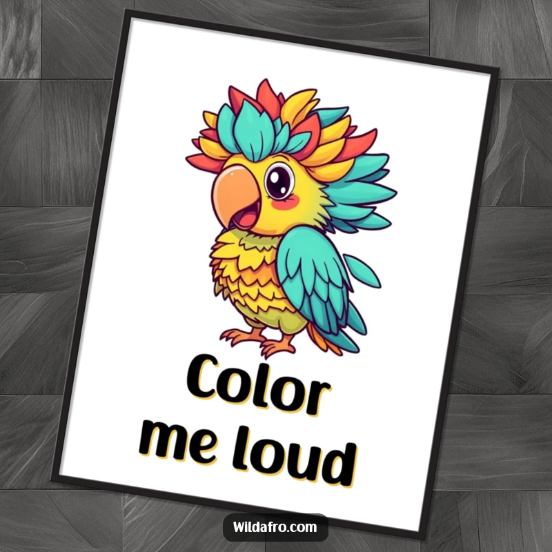 Funny parrot poster, a proud parrot with a voluminous afro squawking vibrantly, a colorful and humorous artwork.