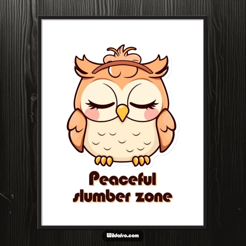 Funny poster showcasing a completely content owl with shut eyes, wearing a groovy afro headband, creating a humorous and peaceful ambiance.