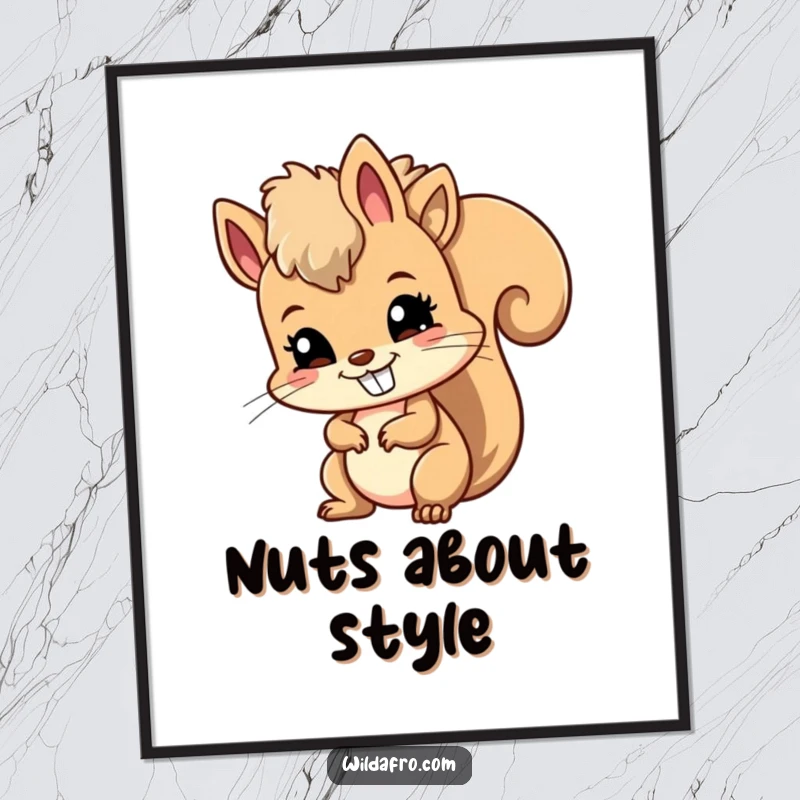 Funny poster art of a mischievous squirrel shaking its afro with a huge, happy grin, radiating pure, unadulterated joy and silliness.