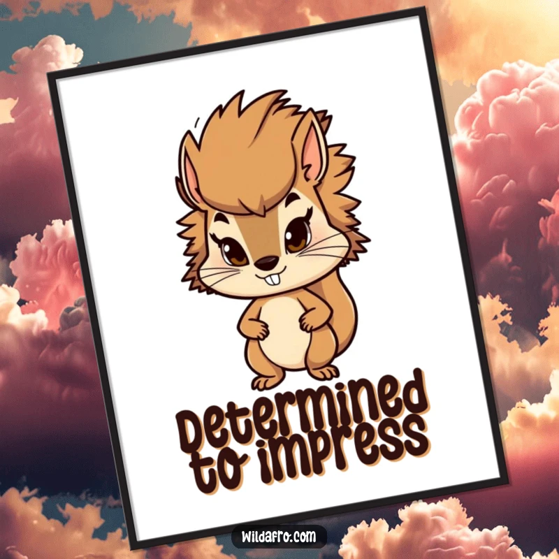 Funny squirrel poster of a determined character with a stylish, bushy afro. Whimsical wall art for lovers of squirrels and motivational designs.