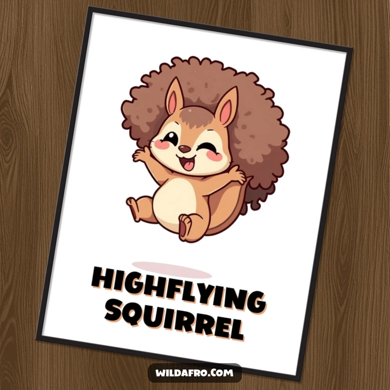 Funny Squirrel Afro Poster: A dynamic illustration of a delighted squirrel with a large spiraled afro, mid-jump, perfect for humorous and energetic wall decor.