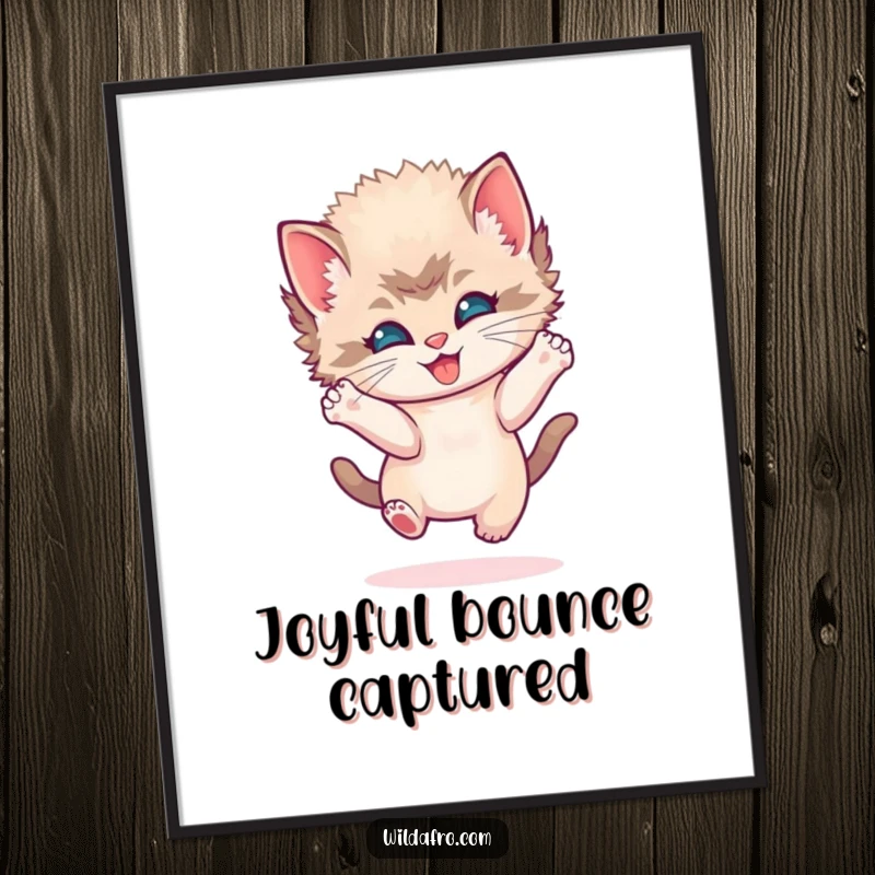 Funny kitten afro poster depicting a playful kitten with a round afro, bouncing joyfully and radiating happiness.