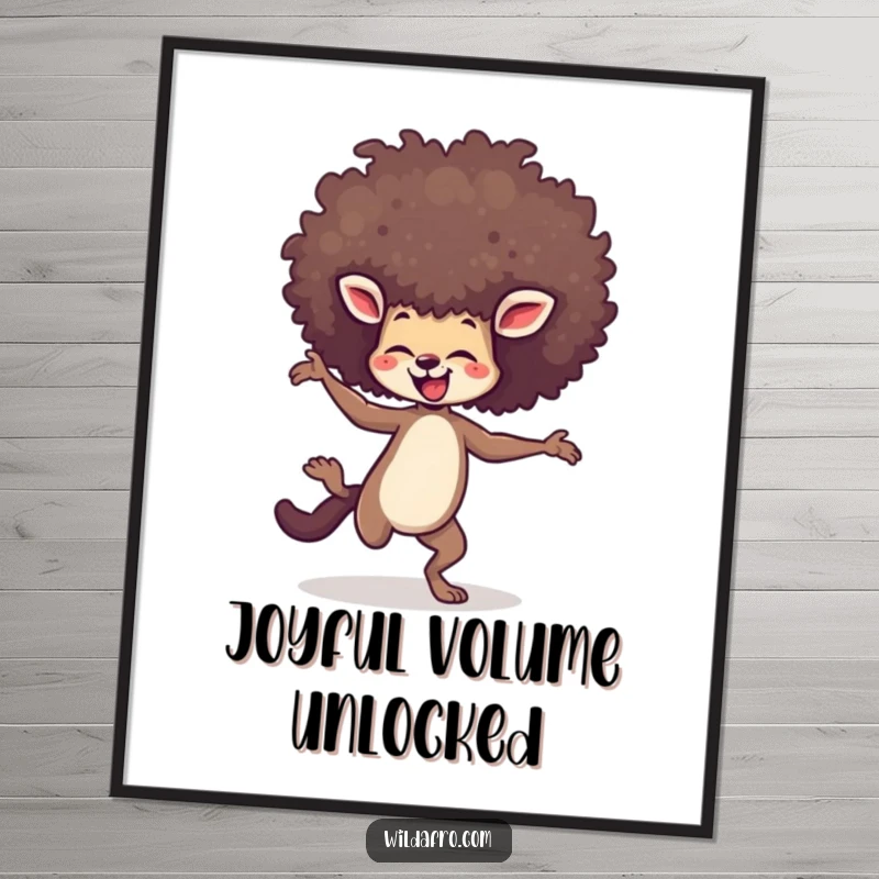 Funny poster featuring an agile animal dancing ecstatically, its towering afro a testament to its immense happiness and energy.