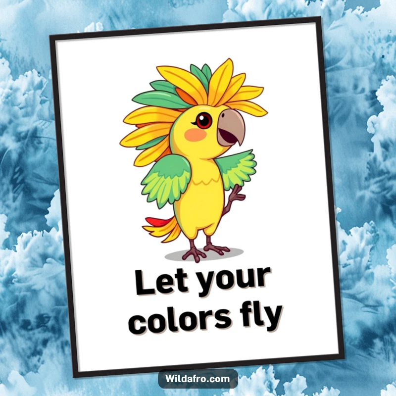 Funny poster print of a dancing parrot character flaunting a vibrant, feathered afro. Lively wall art.