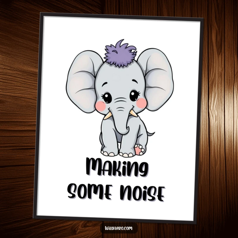 Funny happy elephant calf with a large afro trumpeting joyfully on a poster, radiating pure happiness, a delightful funny gift.