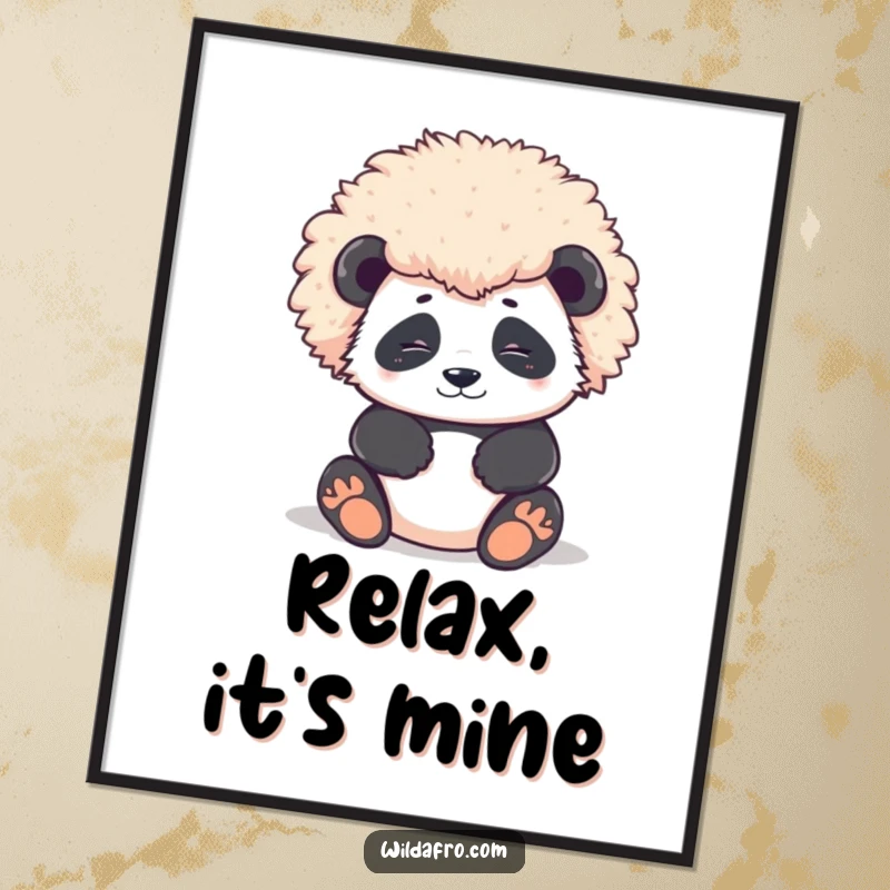Funny Poster featuring a contented panda character relaxing with a perfectly round and magnificent afro, creating a serene and stylish art piece.