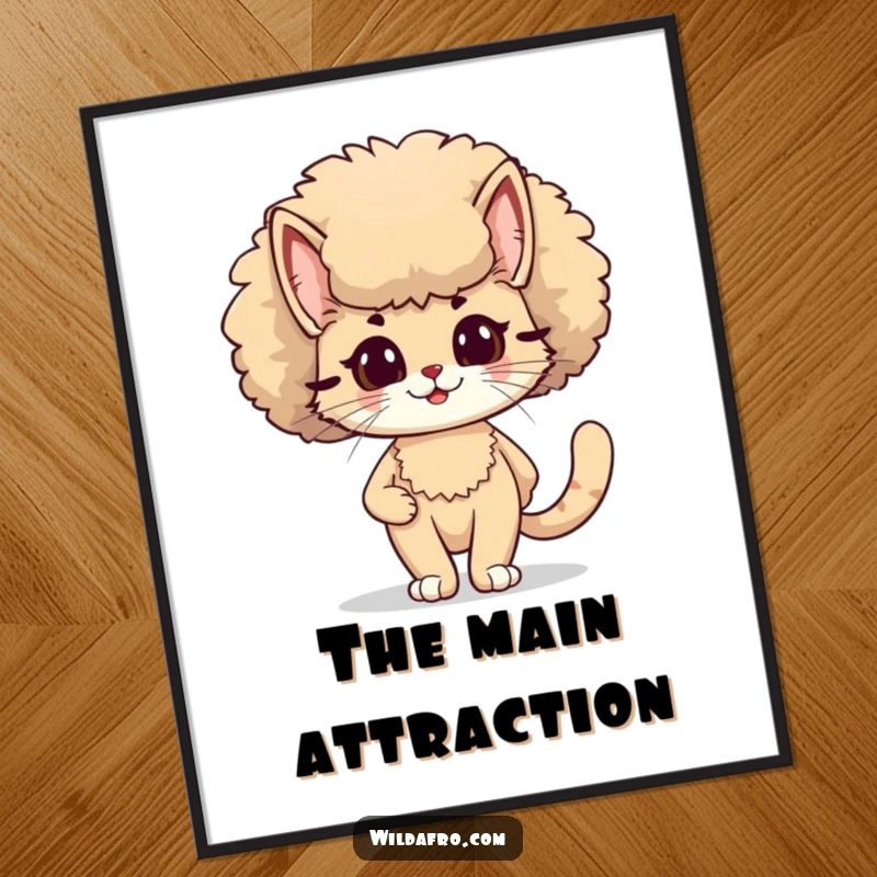 Funny smiling cat with a large, fluffy afro on a poster, strutting with 70s confidence and feline charm, a groovy funny gift.