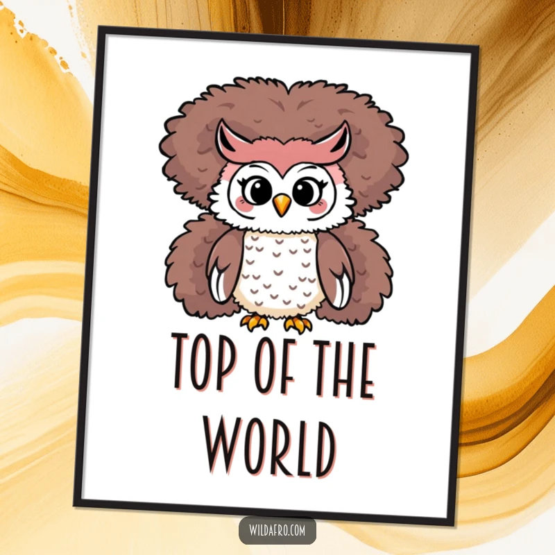 Funny Owl Afro Poster: A playful owl character is perched regally atop a towering, fluffy afro.