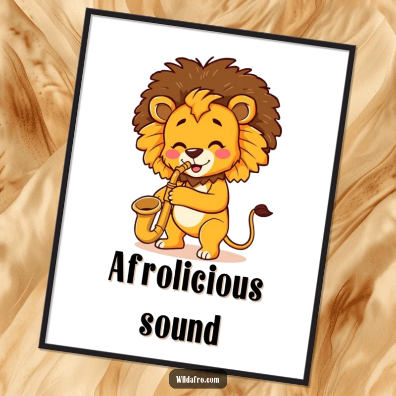 Funny Lion Saxophone Afro Poster showcasing a joyful lion playing a saxophone with a prominent afro, adding a musical and humorous touch.