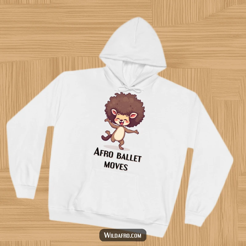 Funny hoodie with an agile animal performing a happy dance, its towering afro expressing pure delight and movement.
