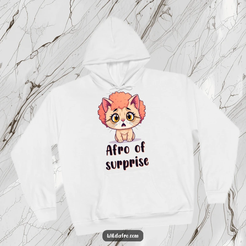 Funny surprised cat with a vibrant afro, giggling on a warm hoodie. A cozy and funny gift.