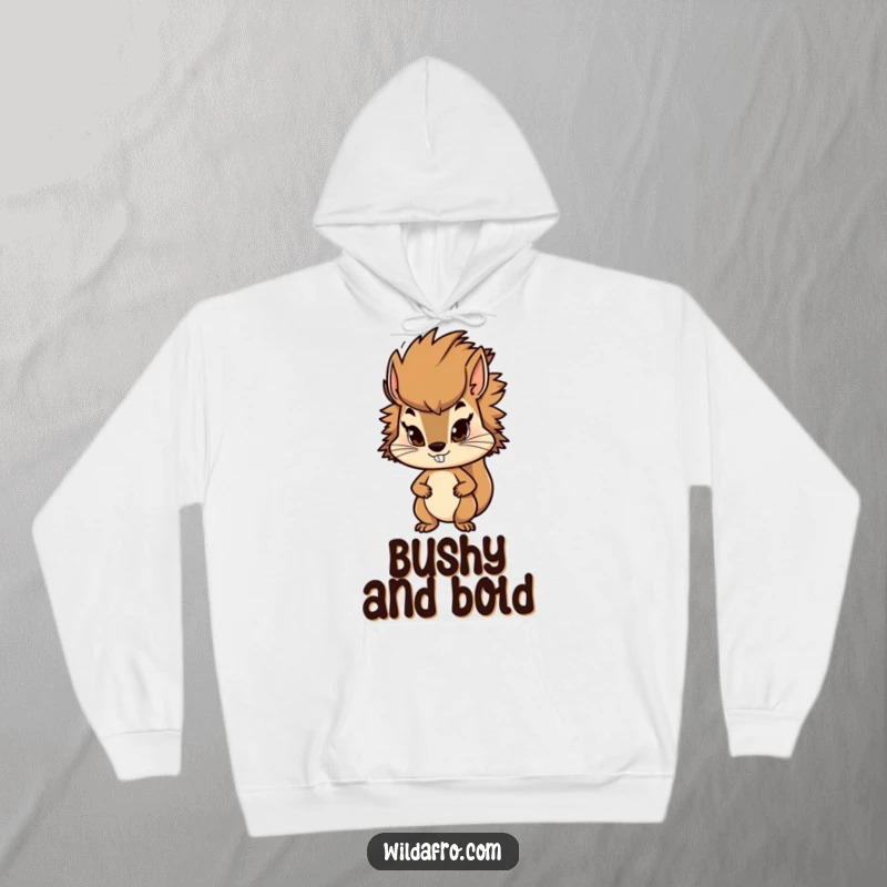 Funny squirrel hoodie featuring a determined character with a stylish, bushy afro. Cozy and humorous apparel for hardworking individuals.