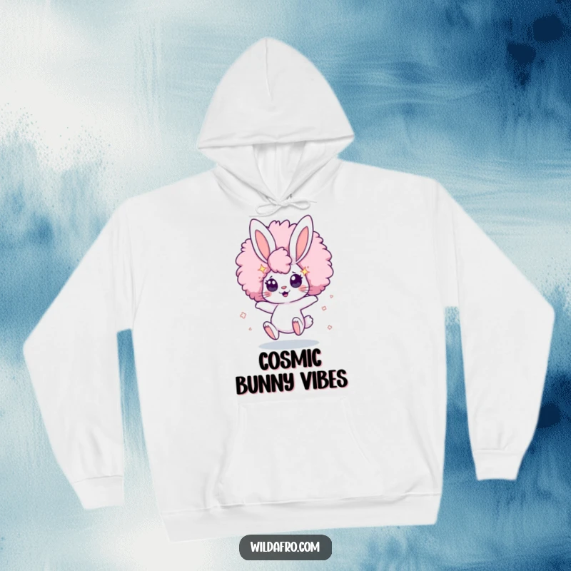 Funny Hoodie featuring a cute, bouncing bunny character with a huge afro and eyes full of twinkling stars, offering warmth and wonder.