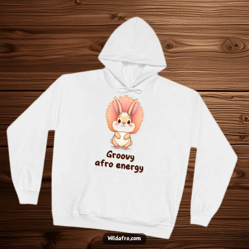Funny bunny afro hoodie featuring a fluffy bunny with a vibrant, towering afro, offering warmth and retro-cool vibes.