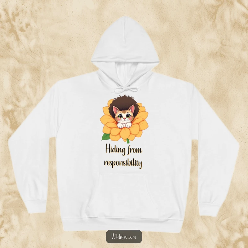 Funny cat with a distinctive afro peeking from behind a large flower, showcased on a cozy and humorous hoodie.