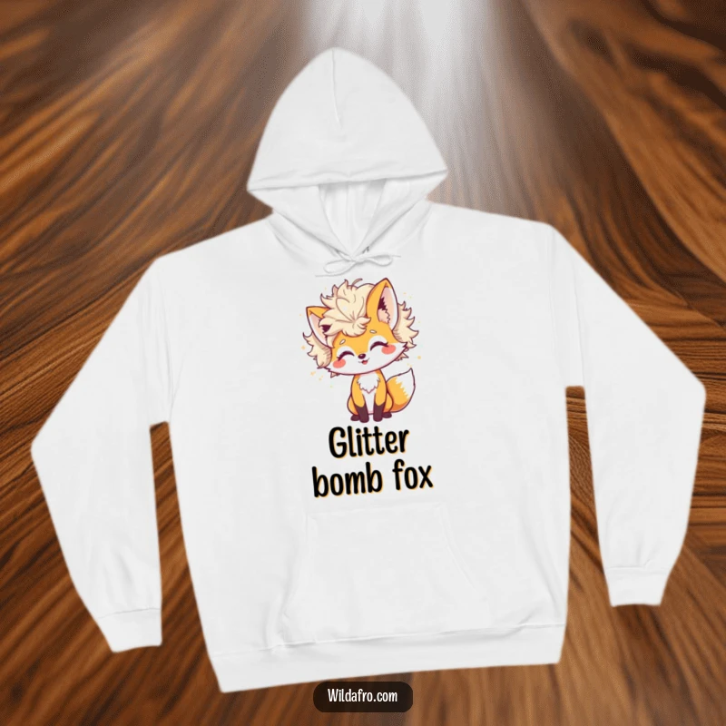Funny Hoodie with a cheerful fox character playfully shaking a huge afro that constantly sheds glitter, blending comfort with sparkle.