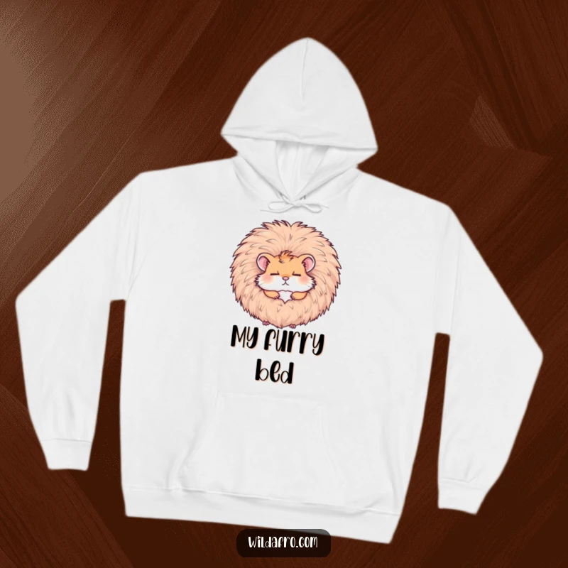 Funny hamster napping peacefully inside a huge afro, featured on a warm hoodie, perfect for humorous coziness.