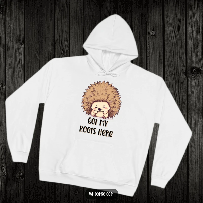 Funny hedgehog diving into a massive, textured afro hairstyle, showcased on a warm and cozy hoodie.