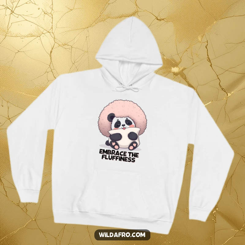 Funny panda hoodie showing a giggling panda bear cuddling a large, fluffy afro like a pillow, combining cozy warmth with humorous charm.