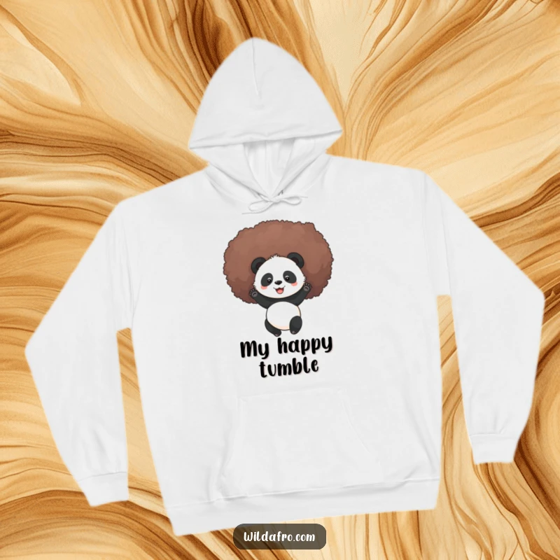 Funny panda happily rolling in a huge afro, featured on a warm hoodie, perfect for humorous cozy vibes.