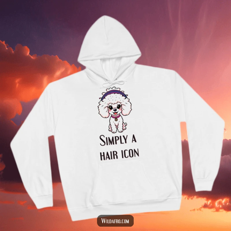 Funny poodle hoodie featuring a cheerful dog character wearing a large, vibrant afro wig, perfect for casual, humorous wear.